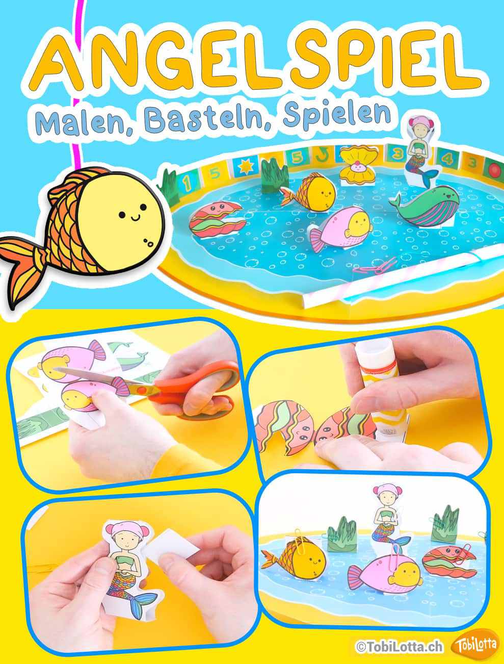 Basteln mit Kindern PDF Bastelvorlage Vorlage zum Ausdrucken Angelspiel Basteln ohne magnete Vorlage fische angeln kindergarten mathe lernen pdf vorlage