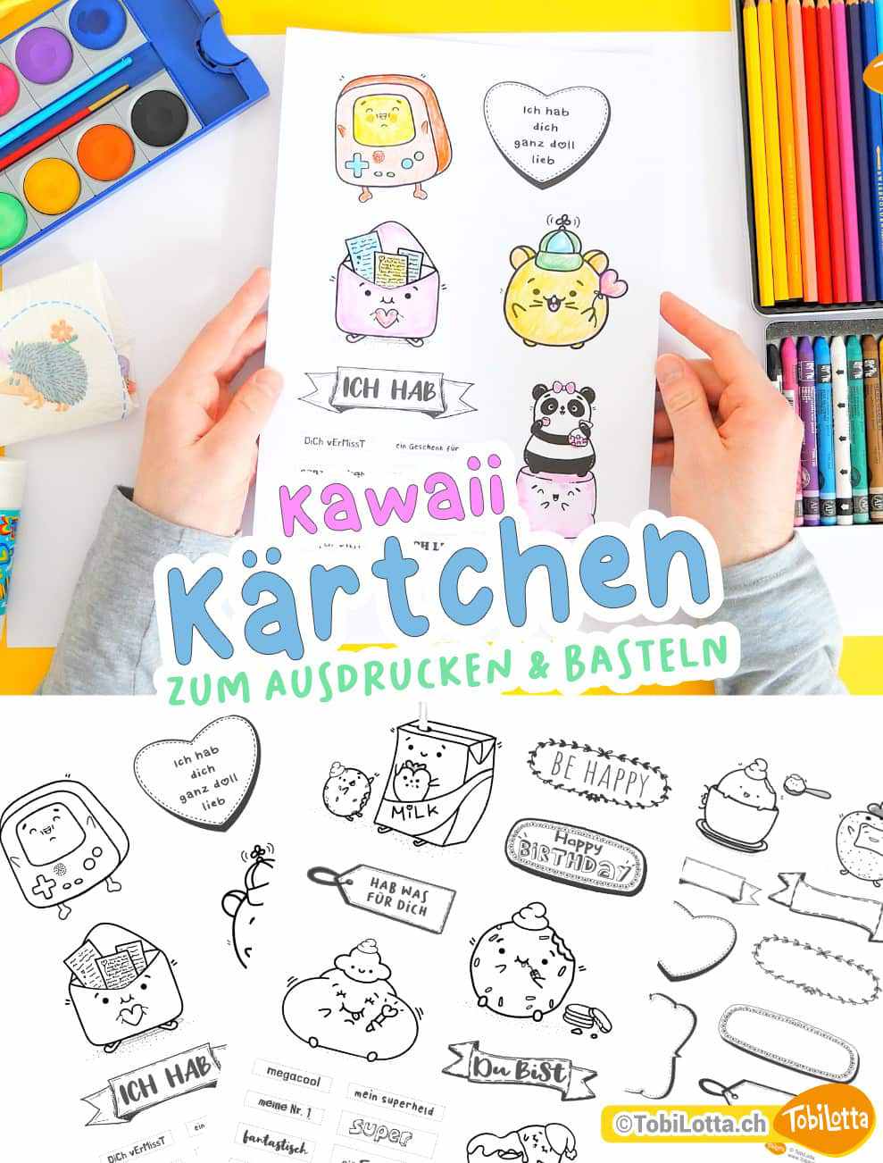 Tiere Aumalbilder Kawaii glückwunschkarten selber machen pdf vorlage zum ausdrucken ausmalbilder für kinder basteln kärtchen selber gestalten scrapbook kinder kawaii zeichnen buch