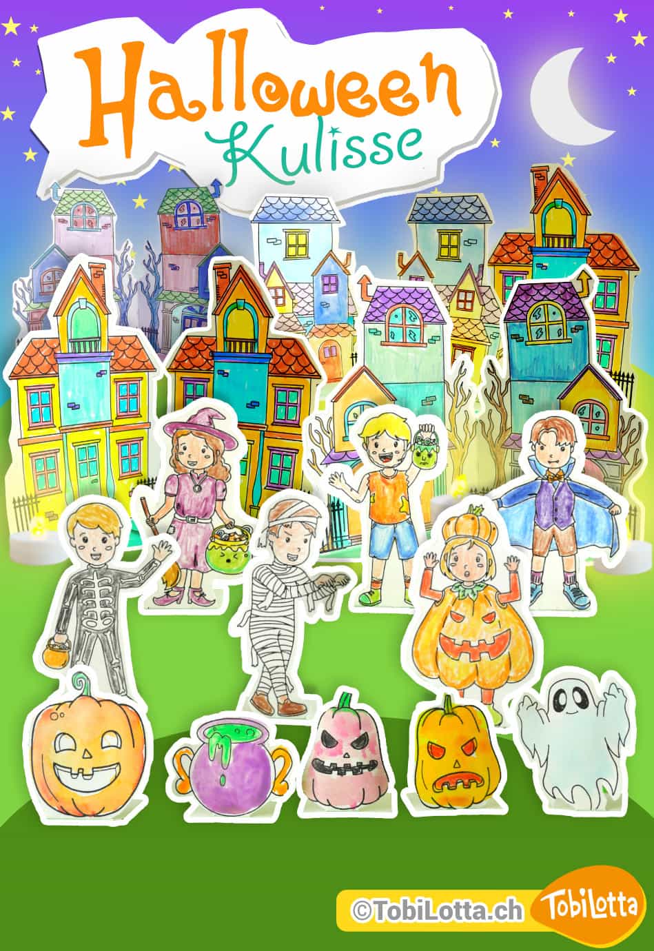 Halloween Leuchtende Kulisse zum Ausmalen und Basteln