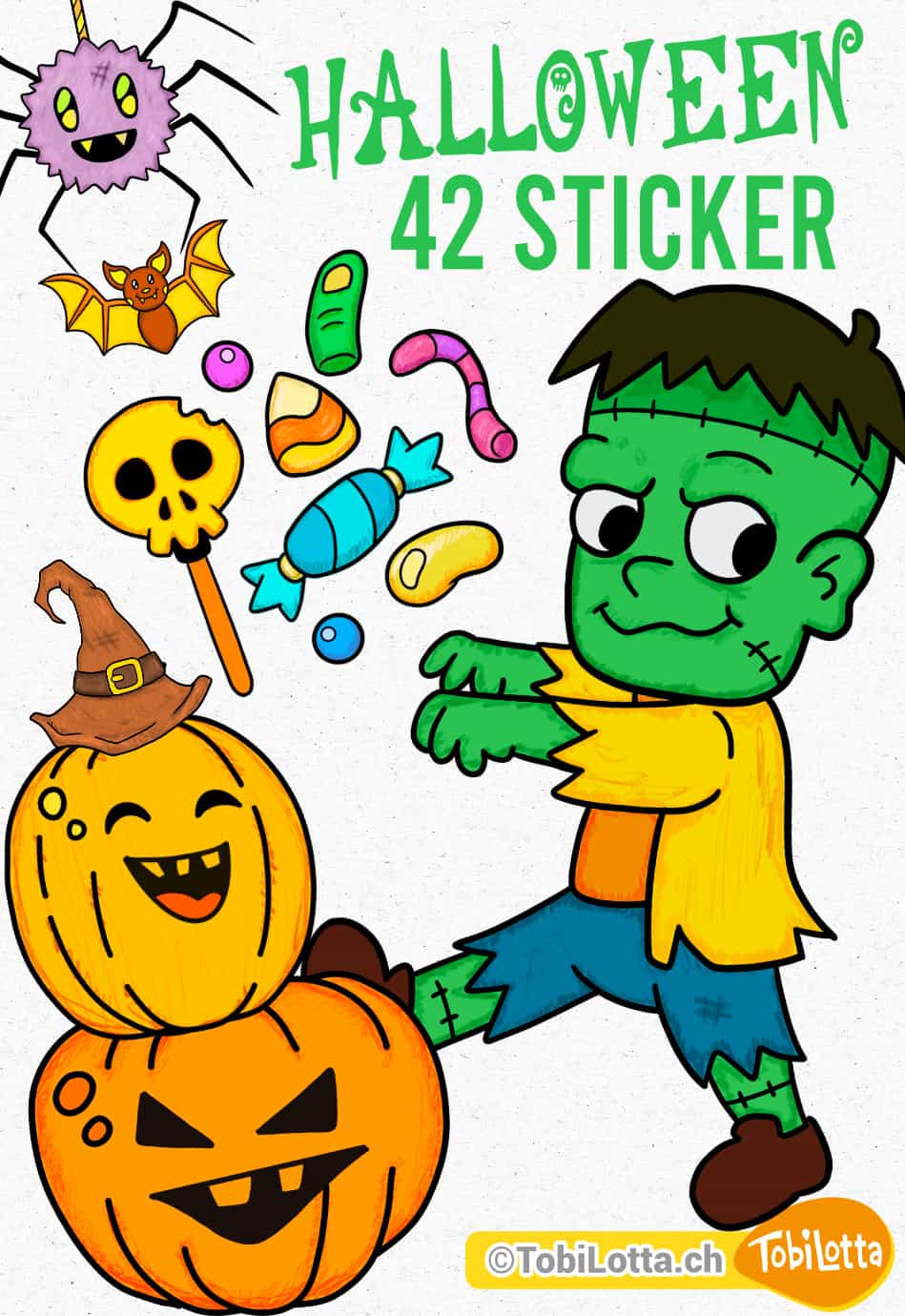 42 Halloween Sticker Bogen zum Ausmalen + Ausgemalt