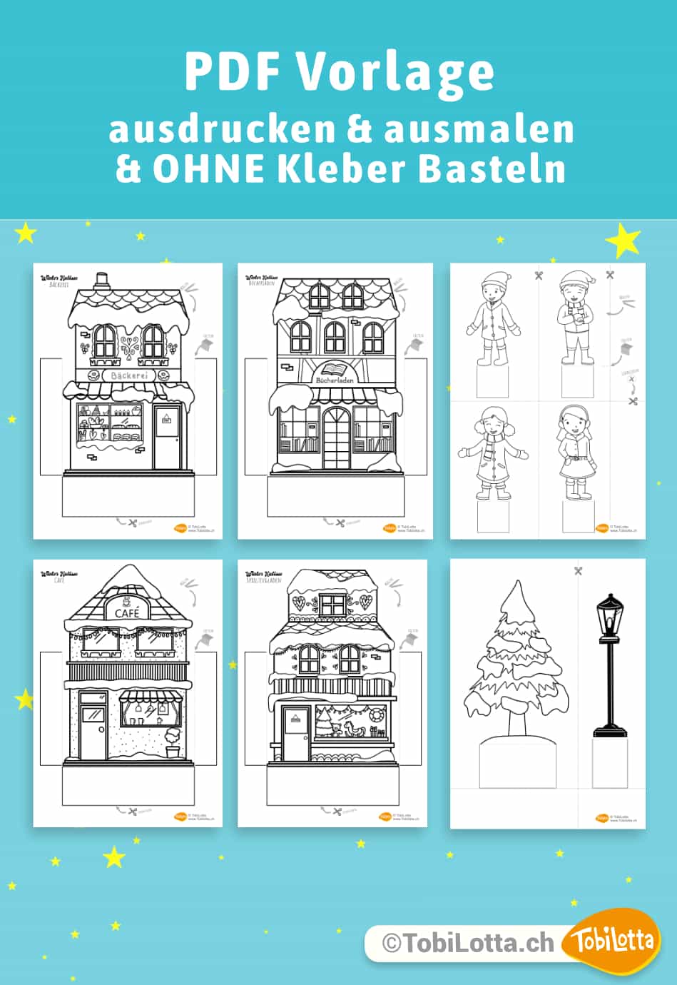 63910 PDF VORLAGEN1 Winter Kulisse Bastelbogen Ausmalvorlage Aufstell Stadt Weihnachten Winter Basteln Vorlagen zum ausdrucken Kinder diy ideen