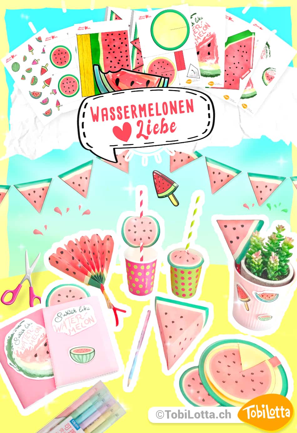 2- 99510 Wassermelonen dekomaterial wassermelone party deko sommer basteln mit kindern diy früchte vorlagen zum ausdrucken bastelvorlagen für kinder was tun gegen langeweile sommer diy ideen