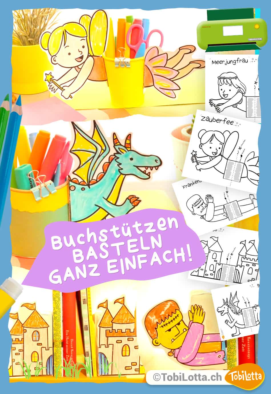 123359 -3- drache meerjungfrau fee frankenstein schloss basteln Buchstütze Buchzeigen Stiftehalter Kinderbücher basteln Vorlage kaufen bastelshop büchershop märchen bastelvorlagr